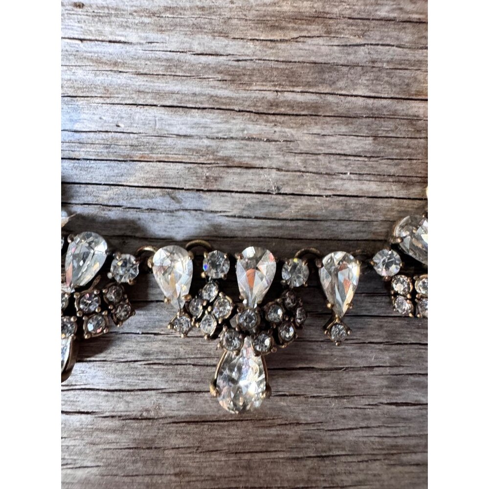 J.Crew Crystal Statement Necklace Antique Gold Tone Teardrop Rhinestone Bib - Picture 2 of 6